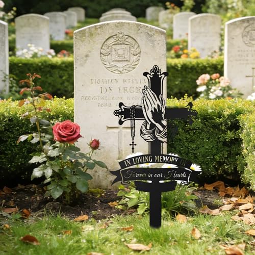 Memorial Cross Grave Marker with Praying Hands & Rosary - color: Cross