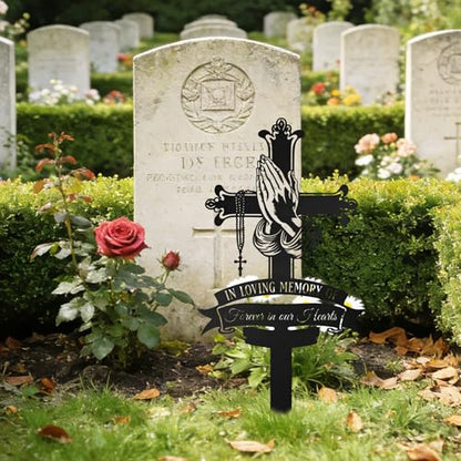 Memorial Cross Grave Marker with Praying Hands & Rosary - color: Cross