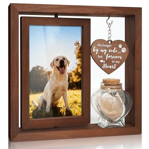 Dog Memorial Gifts for Loss of Pet - Rotating Wooden Frame for 4x6 Photo & Fur Hair Jar - Sympathy Gift for Pet Bereavement, Remembrance Keepsake - Rainbow Bridge Gift for Cat Lovers