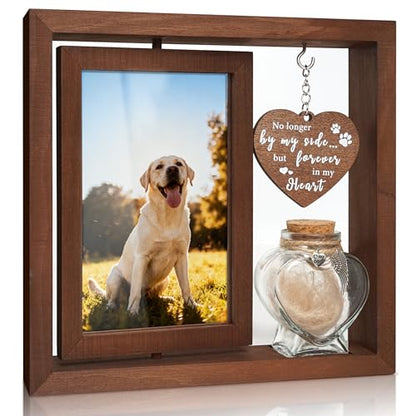 Dog Memorial Gifts for Loss of Pet - Rotating Wooden Frame for 4x6 Photo & Fur Hair Jar - Sympathy Gift for Pet Bereavement, Remembrance Keepsake - Rainbow Bridge Gift for Cat Lovers