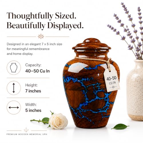 Handcrafted Rosewood Cremation Urn for Human Ashes – 50 Cubic Inches Funeral Memorial Urn for Adult Women & Men, Elegant Wooden Memorial Ashes Urn with Blue Resin Inlay, Funeral Urn for Loved Ones - size: STANDARD 50 Cu inch