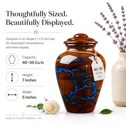 Handcrafted Rosewood Cremation Urn for Human Ashes – 50 Cubic Inches Funeral Memorial Urn for Adult Women & Men, Elegant Wooden Memorial Ashes Urn with Blue Resin Inlay, Funeral Urn for Loved Ones - size: STANDARD 50 Cu inch