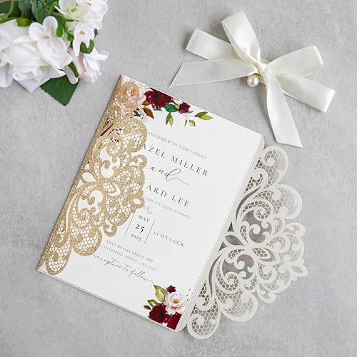 20Pcs Gold Glitter Laser Cut Wedding Invitation Cards With Envelopes - color: Gold Glitter