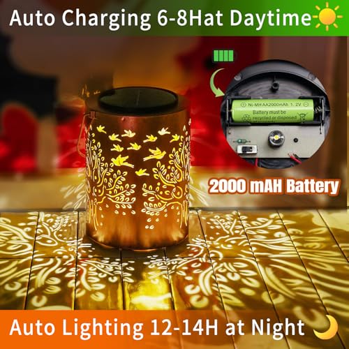 Solar Lantern Outdoor, Tree of Life Decorative Hanging Lantern | 13.4", Metal, IP65 Waterproof, Larger Solar Panel, 2000mAh Battery, Dusk to Dawn, Garden, Patio Decor, Housewarming Gifts - style: Tree of Life