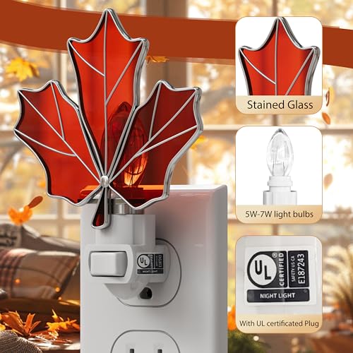 Stained Glass Maple Leaf Night Lights Plug in for Home,7W Warm Light - color: Brown Maple Leaf