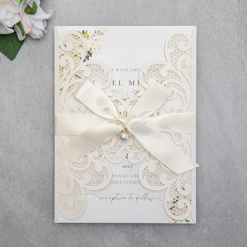 20Pcs Ivory Laser Cut Wedding Invitation Cards With Envelopes - color: lvory
