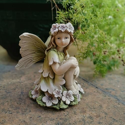 Resin Praying Angel Statue with Flowers, Outdoor Garden Decor Hand Painted Fairy Figurine, Realistic Sitting Angel Sculpture, Creative Decoration Craftsfor Patio Yard Porch Lawn Ornaments (C, 1PCS) - color: C
