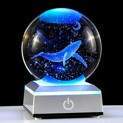 3D Engraved Whale Crystal Ball Whale Gifts, with Silver LED Base 3.15'' - color: Whale