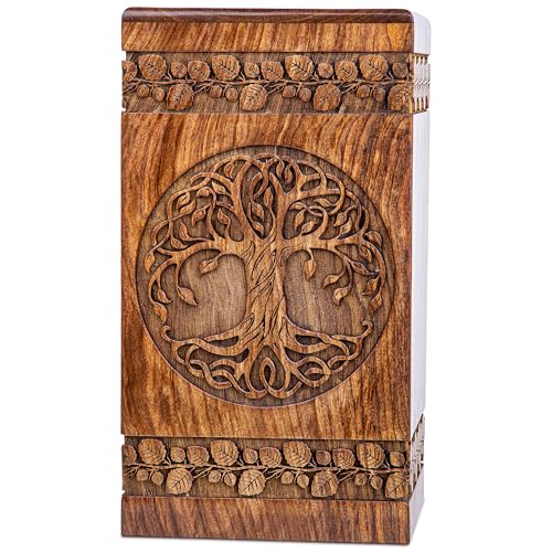 Wooden Cremation Urn for Human Ashes, 640 Cu in, XX-Large, Rosewood | Hand-carved solid sheesham rosewood, screw-locked sliding base, engraving available, holds two adults, to 640 lb combined - color: Rosewood, size: XL - 14Hx7.5W (640 Cu/In)