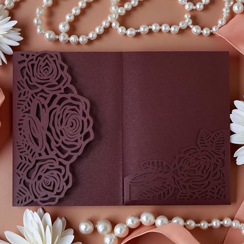 Laser Cutting Invitation Card Greeting Card Graduation Party Rose Flower Wedding Birthday Party Invitations Invitation Pocket With Envelope (Burgundy) | Greeting Card, Graduation Party, Rose Flower, Wedding Birthday Party Invitations, Invitation Pocket Wi
