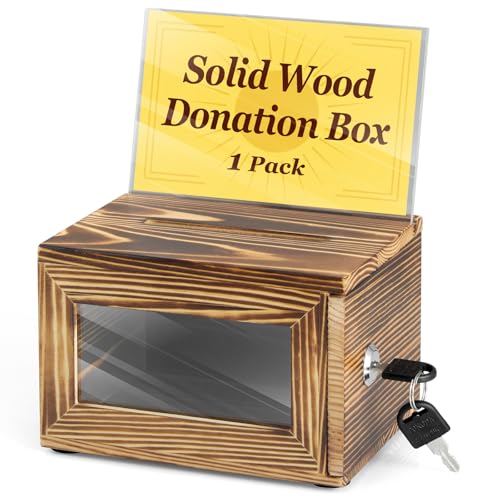 Wood Donation Box for Fundraising, Suggestion Box with Slot & Lock, Small Burnt Wood Tip Jar for Bar, School Voting, Office Event Supplies - color: Burnt Wood