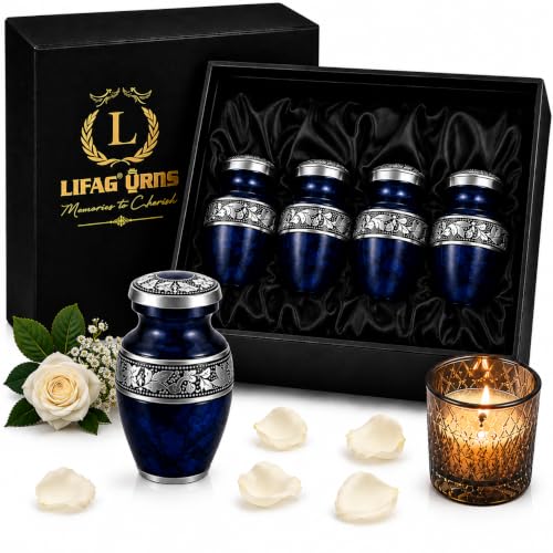 Blue Mini Urns for Human Ashes Set of 4 with Velvet Case & Funnel | Handcrafted Marble Finish Metallic Blue Small Urns for Human Ashes Keepsake | Funeral Cremation Urns for Women & Men, 3 Inches