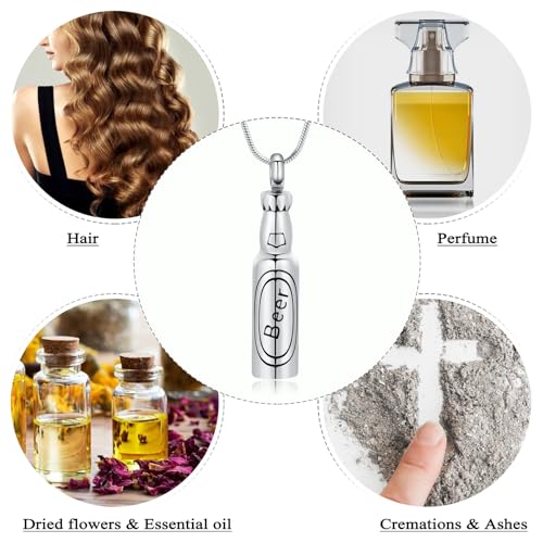 Oinsi Beer Bottle Cremation Jewelry for Ashes Stainless Steel Cylinder Tube Memorial Urn Necklace Keepsake Pendant Jewelry for Human Ashes with Filling Kits - color: A-Silver