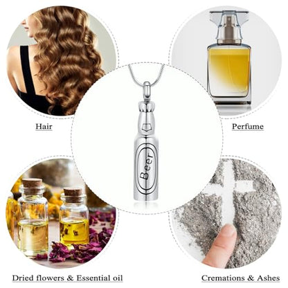 Oinsi Beer Bottle Cremation Jewelry for Ashes Stainless Steel Cylinder Tube Memorial Urn Necklace Keepsake Pendant Jewelry for Human Ashes with Filling Kits - color: A-Silver