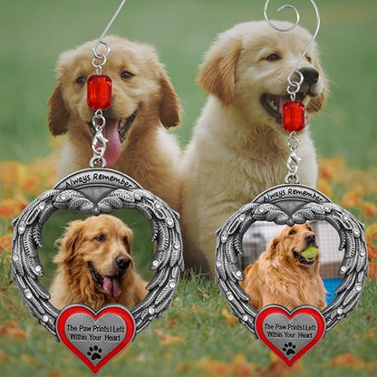 Dog Memorial Photo Christmas Ornaments Set of 2, Always Remember The Paw Prints I Left Within Your Heart, Angel Wings Pet Loss Picture Frame Ornaments, Sympathy for Loss of Dog, Memorial Keepsake - size: 2 Pieces - Standard