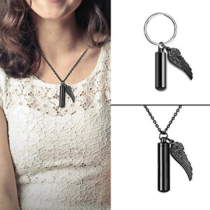 Dletay Cylinder Cremation Urn Necklace for Ashes Memorial Keepsake Pendant with Angel Wing Stainless Steel Remembrance Jewelry - color: Black-L, style: non-engraving