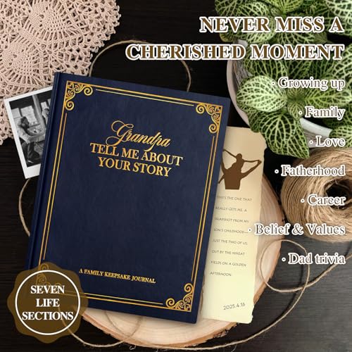 Lanpn Grandpa Life Story Book Journal with 270+ Prompts, Leather Hardcover Grandfather Guided Journal to Fill Out Memory Keepsake Book, Father's Day Birthday Christmas Gift for Grandpas, Blue - color: Blue