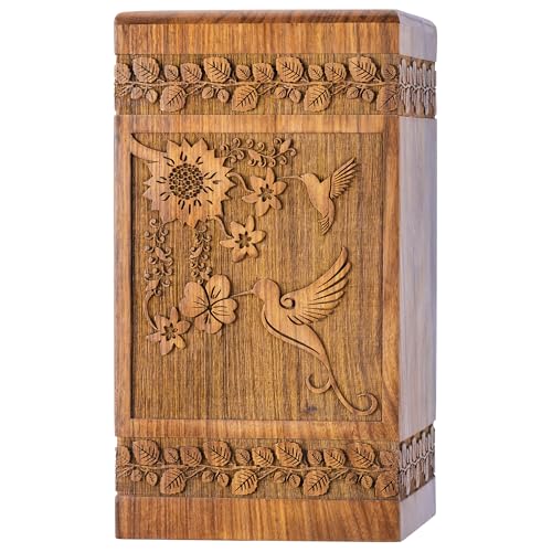 Hummingbird Wooden Urn for Human Ashes, Large 180 cu in, Rosewood | Hummingbird and floral carved cremation urn for most adults. Solid sheesham, screw-locked sliding base. - color: Hummingbird Rosewood, size: Large (180 lbs)