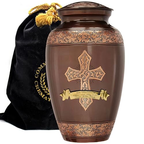 Bronze Cross Cremation Urns for Human Ashes Adult Male & Female Urns - color: Brushed Bronze - Engraved Ribbon, size: Extra Large