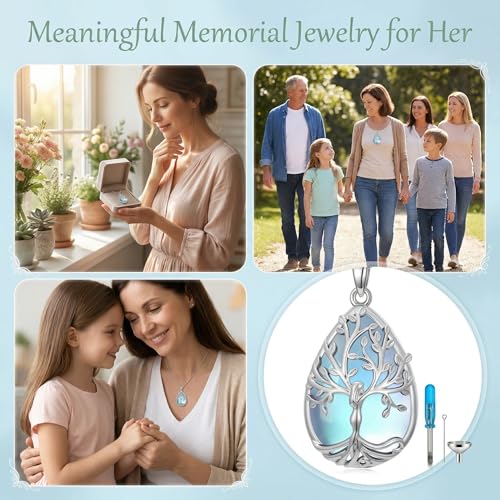 Tree of Life Urn Necklace for Ashes/Pet Cremation Teardrop Moonstone Necklace Pendant Jewelry Gifts for Mom Wife Women Birthday Christmas Memorial Day - color: Goddess Ashes