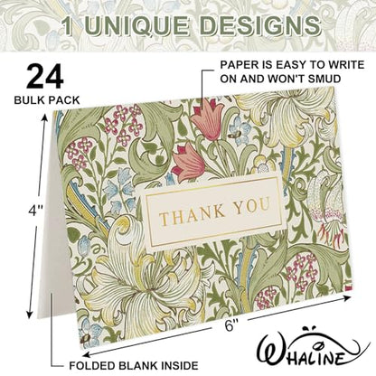 Whaline 24 Pack Floral Gold Foil Thank You Cards with Envelope & Sticker | Green Plant Flower Greeting Card, Vintage Blank Note Cards, for Birthday Baby Shower Wedding Party Supplies, 4 x 6 Inch - style: Green Flower