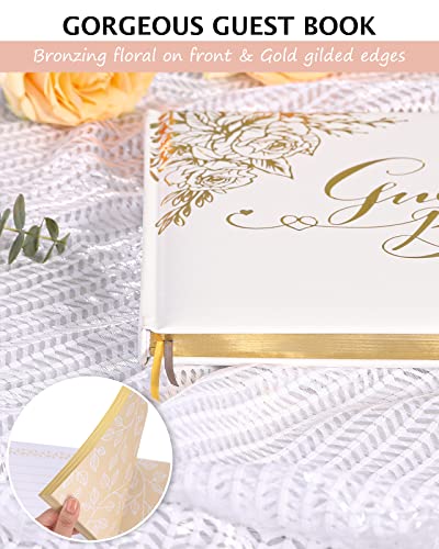 Wedding Guest Book, Guest Book Wedding Reception with Pens, 9x7'' | Personalized Wedding Guestbook Photo Album Sign in Book, Gold Foil Hardcover & Gilded Edges, For Weddings Baby Shower Party - color: White