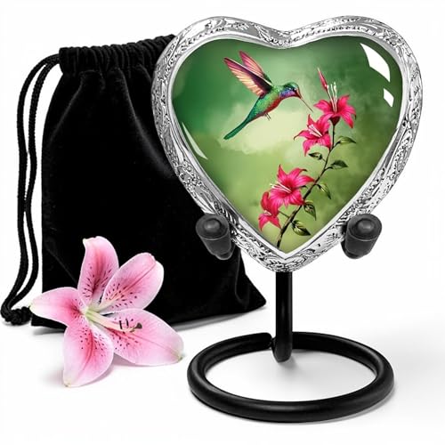 Green Hummingbird Heart Keepsake Urn for Human Ashes – Small Sharing Cremation Urn for a Woman – Elegant Tribute with Display Stand - color: Green, size: Small Heart