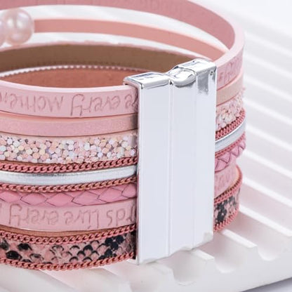 Tree of Life Inspirational Leather Wrap Bracelets Boho Western Cowgirl Cuff - color: Pink