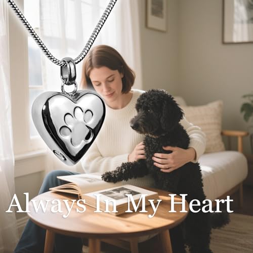 Paw Print Heart Pet Ashes Urn Necklace, Keepsake Pendant-Silver - style: Silver
