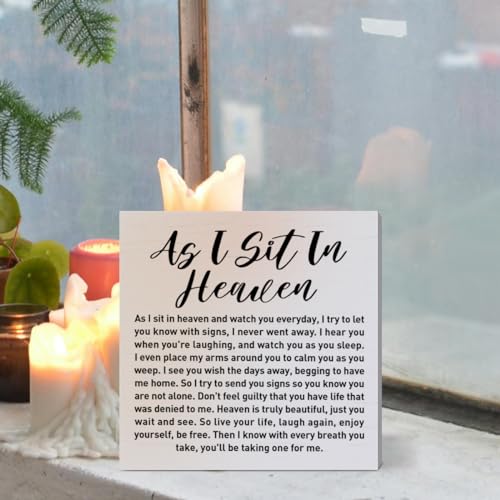 Memorial Sympathy Gifts for Loss of Loved One, Sympathy Gifts for Loss of Dad Mom Husband Son Daughter Brother Sister Remembrance Bereavement Condolence Gifts Wooden Sign, As I Sit in Heaven - color: White-E