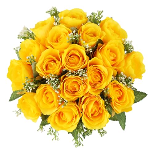 Yellow Cemetery Flowers for Grave - 18 Silk Rose for Cemetery Decorations-Outdoor Memorial Flowers for Cemetery - color: Yellow