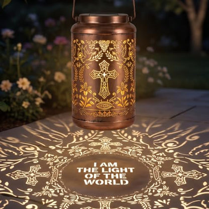 Solar Lantern with with Shepherd Hook Hanging Pole, Cross, Religious Decorations | Decorative Outdoor Waterproof Garden Lantern | Catholic Christian Gift Idea for Home, Yard, Patio, Backyard, Porch