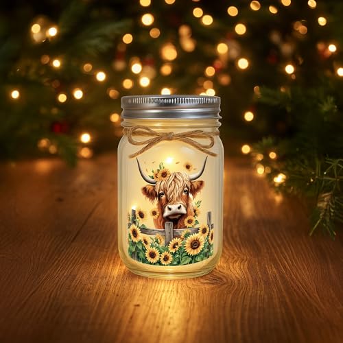 Highland Cow Inspirational Gifts for Women - Double-Sided Decorative Mason Jar Light, New Beginning Self Care Motivational Sunflower Decor Gift for Friends Daughter Sister Coworker - style: Highland Cow Gifts