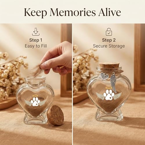Pet Memorial Bottle for Dog or Cat Hair,Fur Keepsake for Pet Loss | Heart-Shaped Glass Memorial Keepsake for Pet Hair, Cat Memorial Gift with Sympathy Card, Dog Fur Keepsake, Pet Memorial Urn