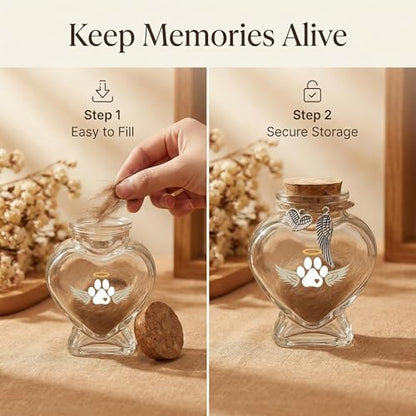 Pet Memorial Bottle for Dog or Cat Hair,Fur Keepsake for Pet Loss | Heart-Shaped Glass Memorial Keepsake for Pet Hair, Cat Memorial Gift with Sympathy Card, Dog Fur Keepsake, Pet Memorial Urn