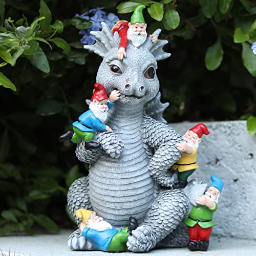 Dragon Garden Statue, Dinosaur Play with Gnomes Garden Statues, Garden Gift | 13'' Resin Porch Dinosaur Garden Dragon for Yard, Patio, Porch, Lawn, Outdoor Decor and Gifts for Mother Grandma or Father - color: Dragon
