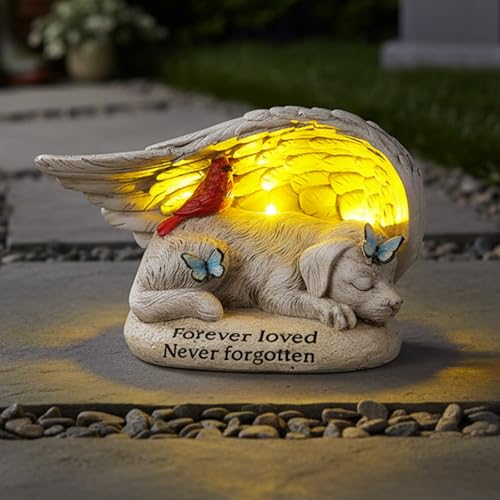 Dog Memorial Stone with Solar Lights Angel Wings Cardinal 8 Inch | Pet Grave Markers Sleeping Statue Pet Loss Sympathy Gift Waterproof Resin for Outdoor Cemetery Garden Decor - color: Dog Angel Wing
