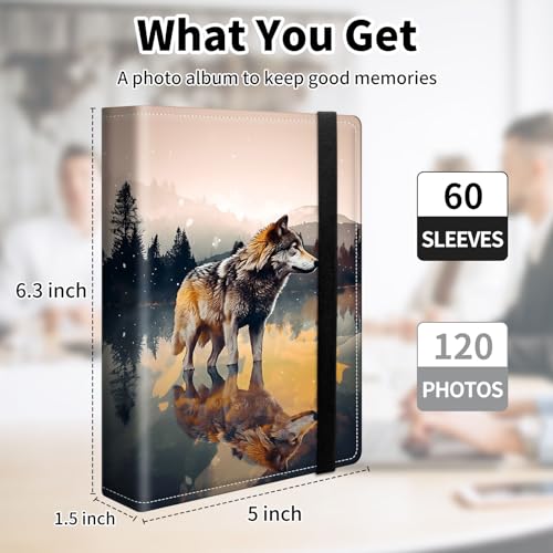 Photo Album 4x6 120 Pockets Photos with Elastic Band, Cute PU Leather Photo Books Small Mini Capacity Picture Album for Family Wedding Travel Anniversary Baby Vacation Pictures, Wolf Art - color: Wolf Art