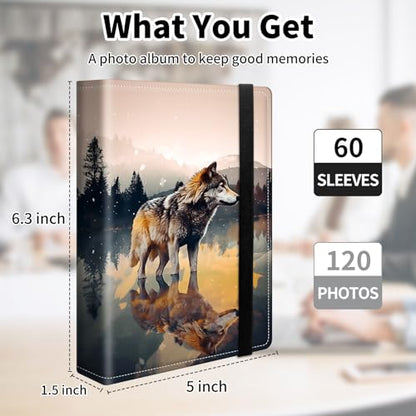 Photo Album 4x6 120 Pockets Photos with Elastic Band, Cute PU Leather Photo Books Small Mini Capacity Picture Album for Family Wedding Travel Anniversary Baby Vacation Pictures, Wolf Art - color: Wolf Art
