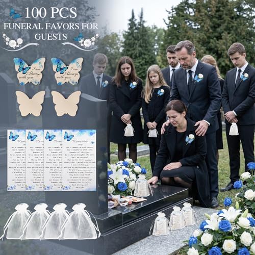 100 Sets Funeral Favors for Guests, Celebration of Life Favors Wooden Butterfly Pocket Hug Token with Funeral Prayer Cards and Organza Bags, As Memorial Gifts and Funeral Decorations