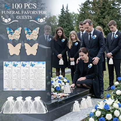 100 Sets Funeral Favors for Guests, Celebration of Life Favors Wooden Butterfly Pocket Hug Token with Funeral Prayer Cards and Organza Bags, As Memorial Gifts and Funeral Decorations