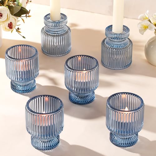 DARJEN 6 Pcs Blue Glass Candlestick Holders with Vertical Stripes - Irregular Shaped, Dual-Use for Taper Candles & Votive/Tea Lights, Candle Holders for Dining Table, Wedding, Party, Home, Gifts - color: Blue, size: 6Pcs