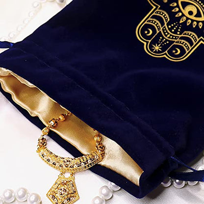 ARTSY CRAFTS 6x9" Hamsa Hand Velvet Jewelry Pouch Gift Bags, Fatima Hand Evil Eye Velvet Drawstring Oracle Tarot Card Rune bags Dice Bag (Royal Blue) - color: Royal Blue
