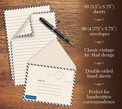 Better Office Products Vintage Airmail Mini Stationery Set, 100 Piece Set (50 Lined Sheets + 50 Matching Envelopes), 5.5 x 8.25 inch, Design, Double Sided Printing, Double Side Lined Paper,