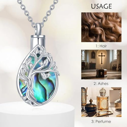 Diamond Tree of Life Urn Necklace for Ashes 925 Sterling Silver Family Tree of Life Cremation with Funnel Filler Ash Holder Keepsake Memorial Jewelry Gifts for Women,18+2 inch - style: Style 1-Abalone Shell