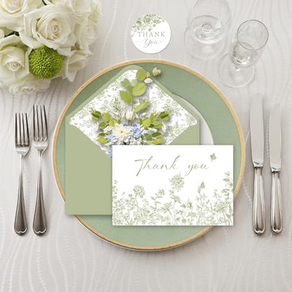 24 Pack Sage Green Floral Thank You Cards With Envelopes Stickers, Summer Wedding Floral Thank You Card Greenery Bridal Shower Birthday Supplies - style: 24 pcs - Green Flowers
