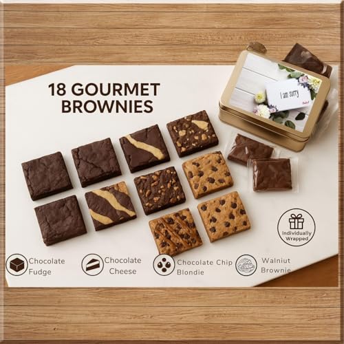 I'm Sorry For Your Loss Gifts I'm Sorry Gift Basket - 18 Individually Wrapped Brownies Freshly Baked in a Variety of Flavors - Dulcet's Signature Flavored Fudge Brownies - Gift Box Comes with Apology Gift Card - style: I am sorry