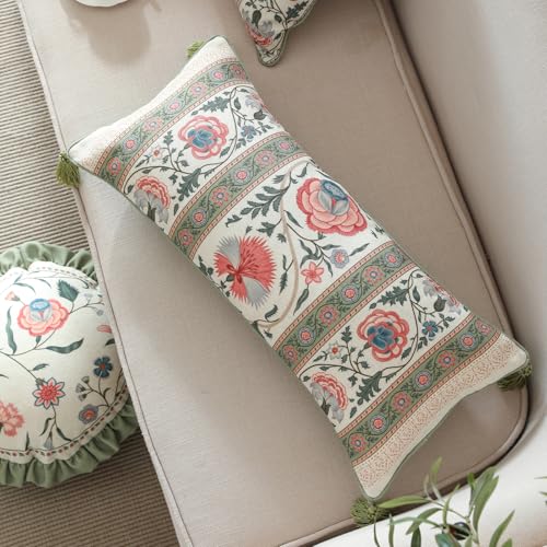 ISAENNE French Linen Rectangle Throw Pillow Cover,Set of 2,20"x12"-Daffy B | Designer French Elegant Pillow Cover,Concealed Zipper Design,Floral Pattern,Sofa,Bedroom,Living Room,Lounge Chairs - color: Daffy B, size: 28" x 12" (Pack of 2)