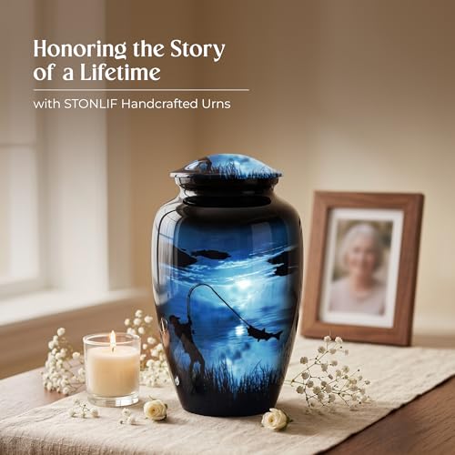 Large Gone Fishing Urn for Human Ashes Adult Male Female - 200 Cubic Inches Decorative Cremation Urn for Dad, Men - Full Size Blue Burial Urn with Velvet Bag and Easy-Fill Funnel - size: Large