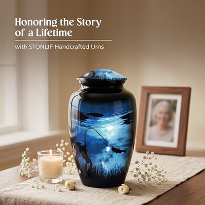 Large Gone Fishing Urn for Human Ashes Adult Male Female - 200 Cubic Inches Decorative Cremation Urn for Dad, Men - Full Size Blue Burial Urn with Velvet Bag and Easy-Fill Funnel - size: Large